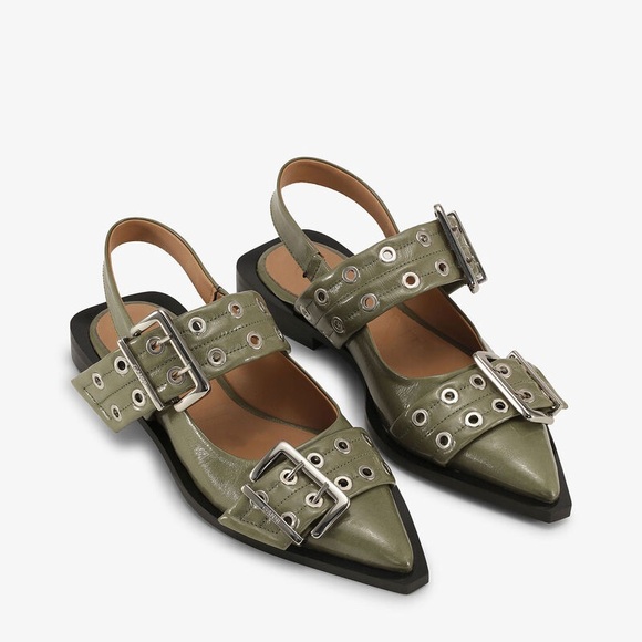 Ganni Shoes - Green Feminine Buckle Ballerinas